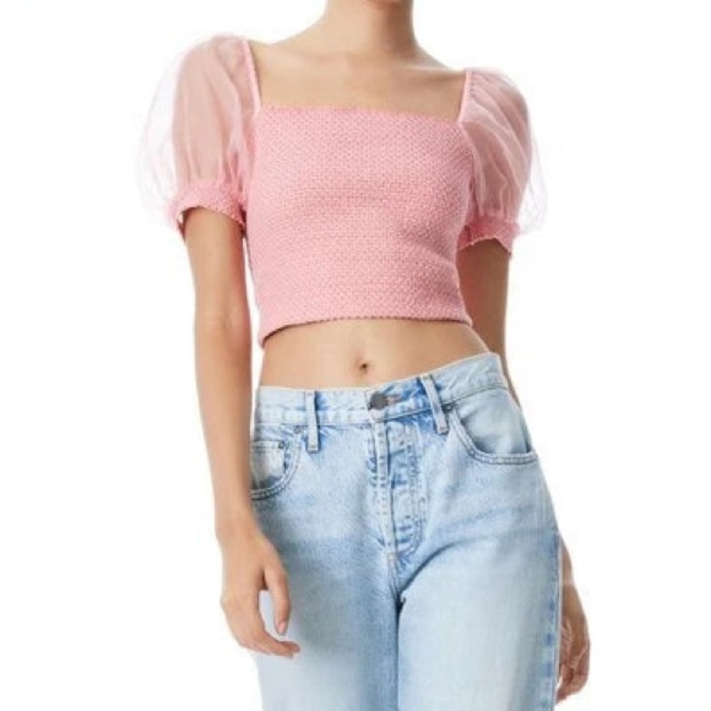 Alice + Olivia Eliana Pink Sheer Sleeve Smocked Crop Top | XS